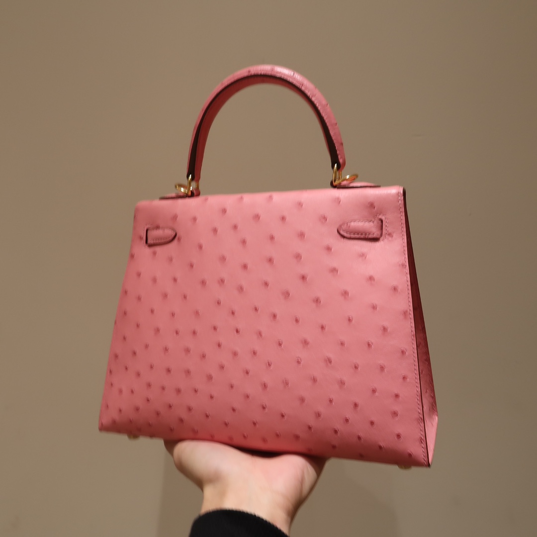 Hermes Kelly 25cm Handbag Shoulder Bag in Pink Ostrich Leather